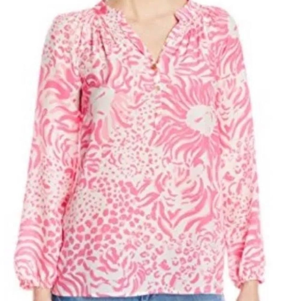 Lilly Pulitzer Elsa Silk Get Spotty Pink and White Women's Top Size Small